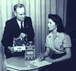 With the war causing a man power shortage, WBKB stayed on the air hiring women to operate camera and be engineers.  Here Arch Brolly tutors Pauline Bobrov.  After the war many of the women stayed on.